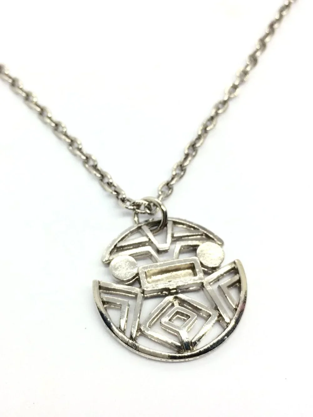 VINTAGE SILVER TONE Necklace Abstract Medallion Layered Chain Geometric